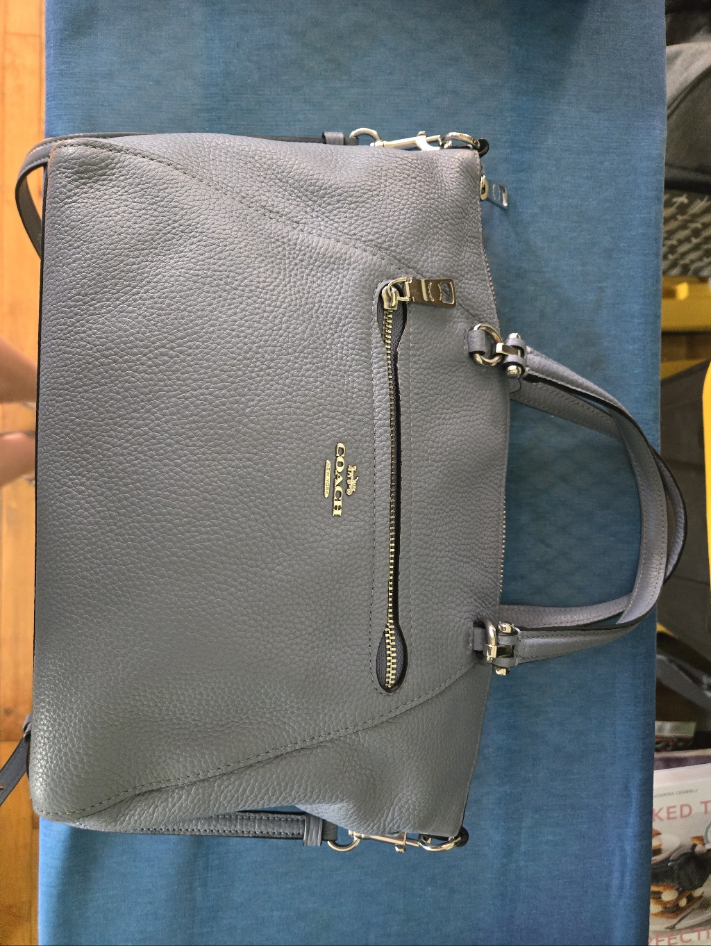 Coach Pebbled Leather Tote In Slate Blue Gray